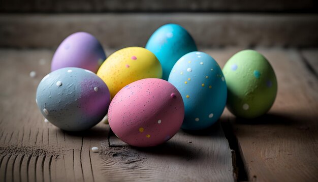 Un montón de coloridos huevos de pascua en una mesa de madera