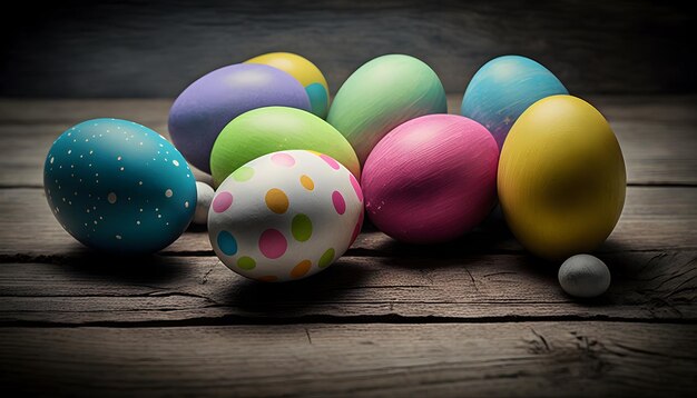 Un montón de coloridos huevos de pascua en una mesa de madera