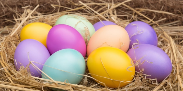 Un montón de coloridos huevos de Pascua en un nido.
