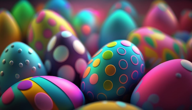 Un montón de coloridos huevos de pascua con la palabra pascua en la parte inferior.