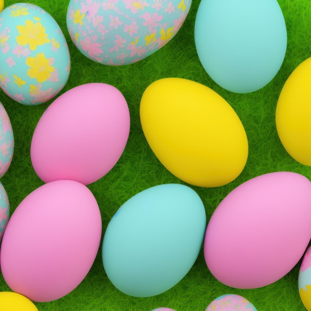 Un montón de coloridos huevos de pascua en un pasto verde