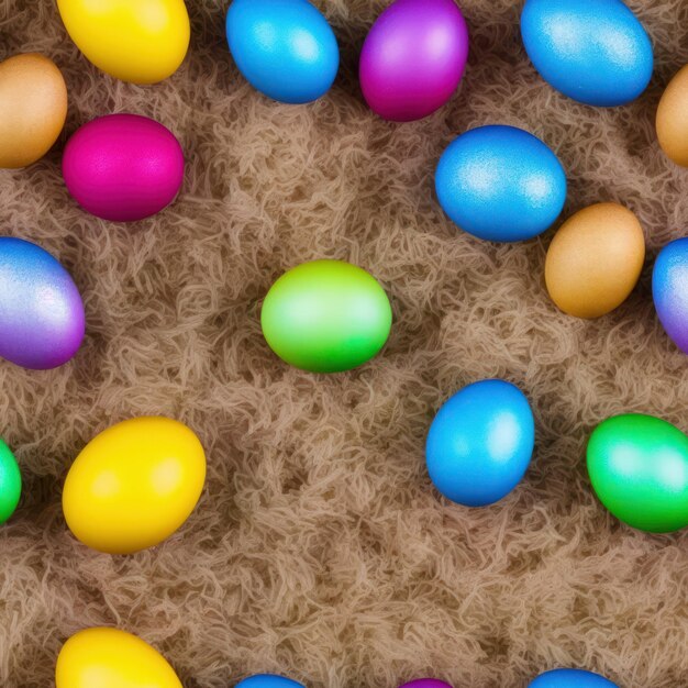 Un montón de coloridos huevos de pascua sobre un fondo beige