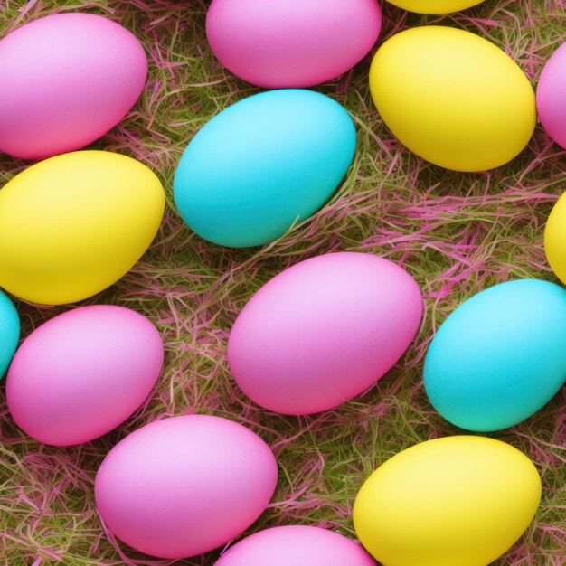 Un montón de coloridos huevos de pascua tirados en la hierba