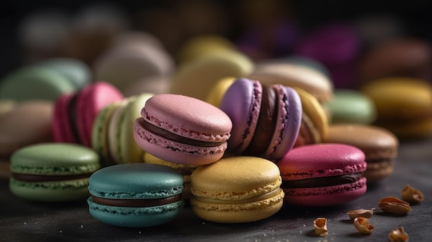 Un montón de coloridos macarons en una mesa