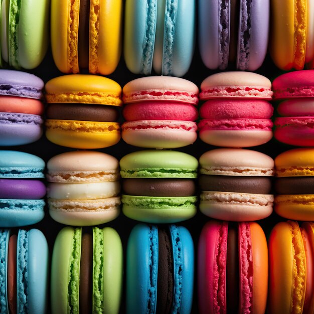 Foto un montón de coloridos pasteles de macarrones con deliciosos rellenos se encuentran de lado en fila en una vista superior de caja