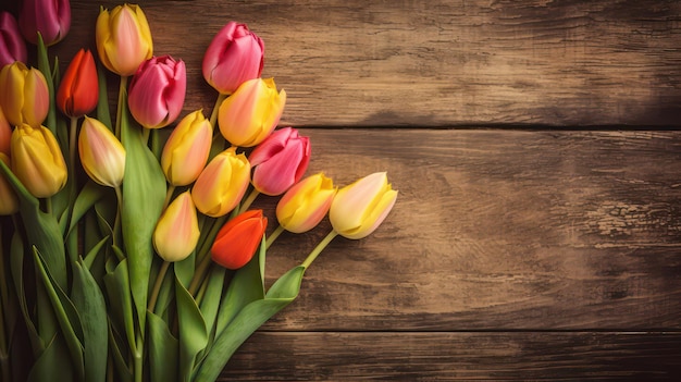 Un montón de coloridos tulipanes en una mesa de madera