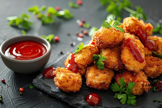 un montón de comida frita con ketchup y ketchup