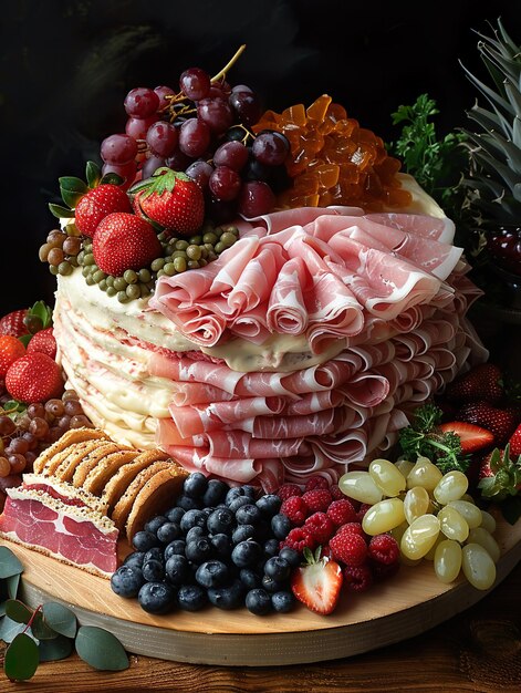 un montón de comida incluyendo queso de carne y fruta