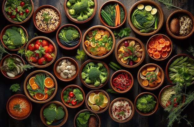 Un montón de comida y platos diferentes ubicados en la mesa arroz al curry IA generativa