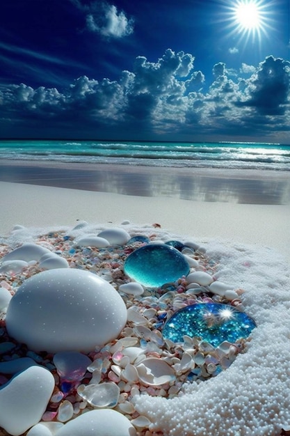 Montón de conchas en una playa con el sol en el fondo ai generativo
