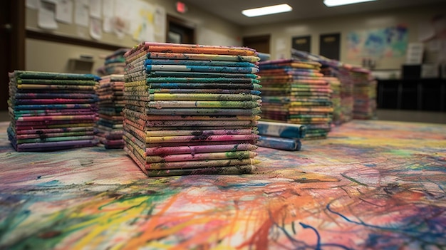 Un montón de crayones de colores sobre una mesa