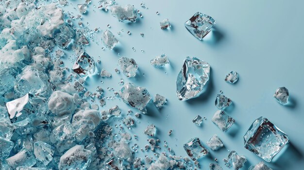 Un montón de cubos de hielo sentados en la parte superior de la superficie azul perfecto para refrescantes bebidas de verano o diseños conceptuales frescos