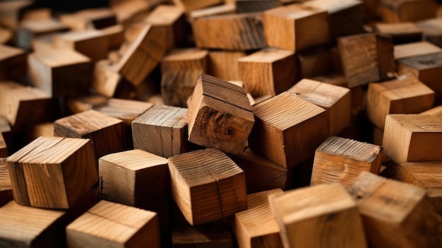 Un montón de cubos de madera con la palabra madera en ellos.