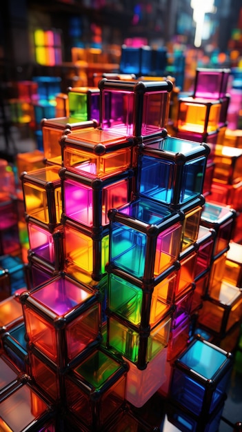 Un montón de cubos de vidrio de colores apilados uno encima del otro ai