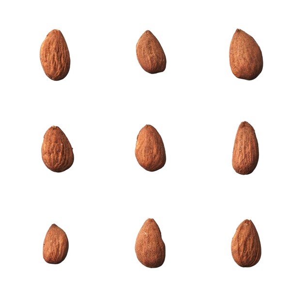Montón de deliciosas almendras aislado sobre fondo blanco.