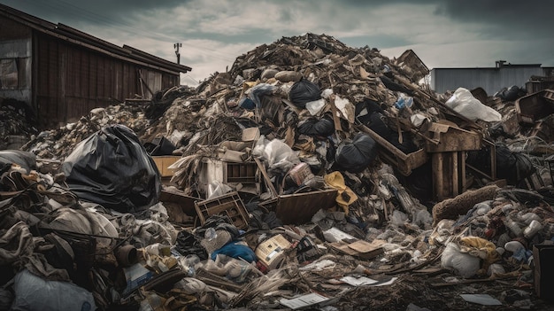 Montón desbordante de residuos Contaminación ambiental y concepto de reciclaje