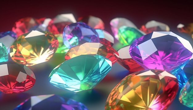 Un montón de diamantes de colores están sobre una mesa