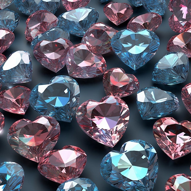 Un montón de diamantes rosas y azules están sobre un fondo gris