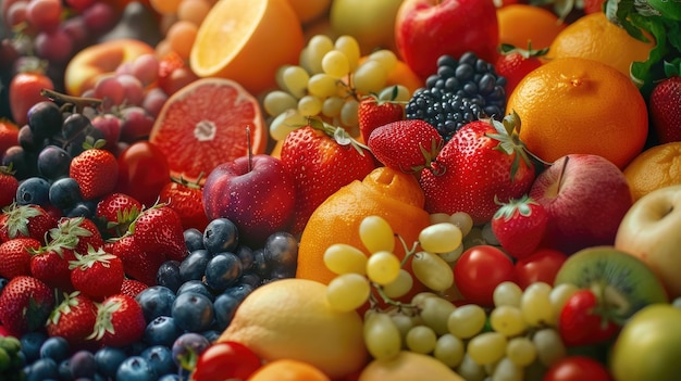 un montón de diferentes frutas, incluida una que tiene fresas en ella
