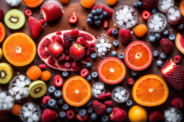 un montón de diferentes frutas, incluidos arándanos frambuesas y arándanos