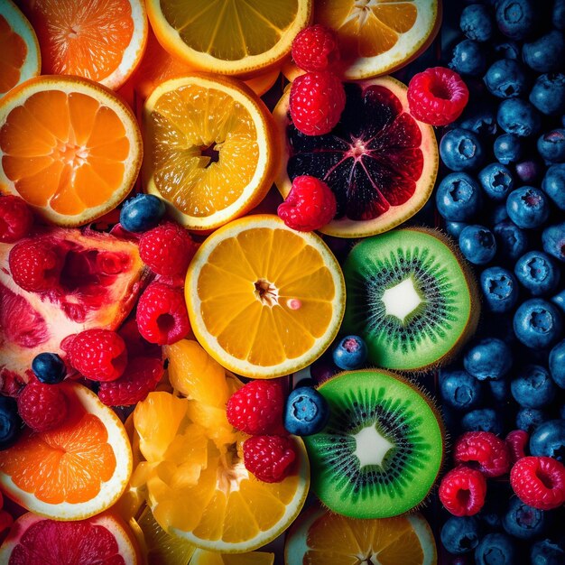 Foto un montón de diferentes frutas incluyendo frambuesas, arándanos y frambuesas.