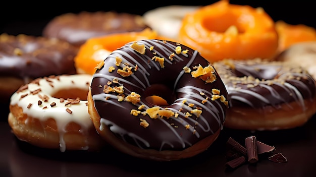 Un montón de donas con glaseado de chocolate y chispitas de naranja encima