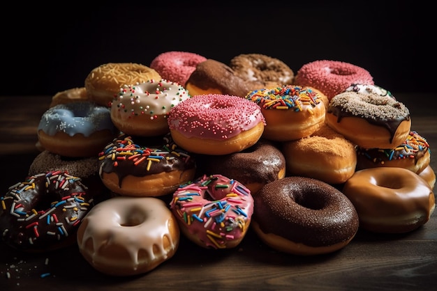 Un montón de donuts con diferentes sabores en ellos