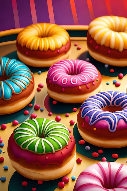 Un montón de donuts con glaseado y chispas de diferentes colores.