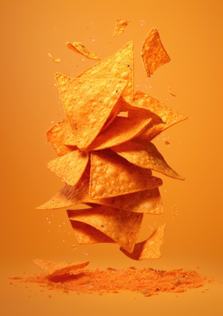 Foto un montón de doritos sobre el fondo amarillo ia generativa