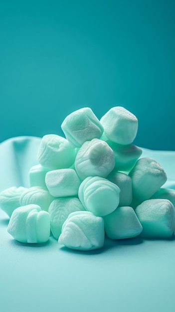 Un montón de dulces caramelos en un fondo suavemente verde azul IA generativa