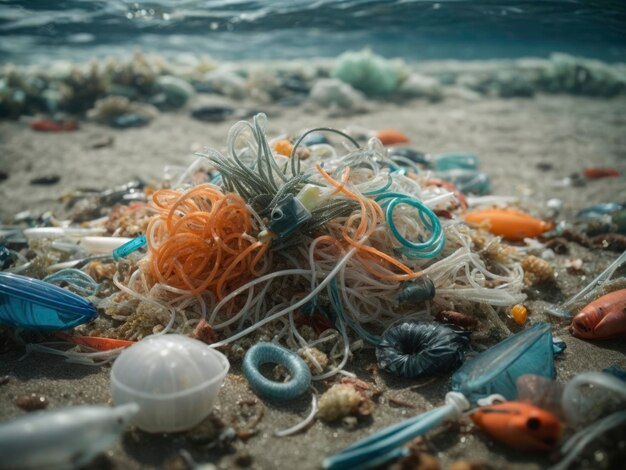 Foto un montón de escombros de plástico en una playa cerca del océano y una ola.