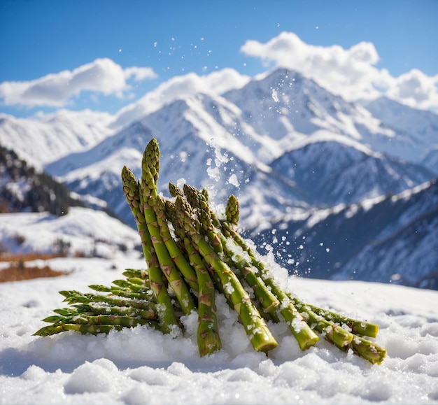 Foto un montón de espárragos frescos en la nieve con montañas en el fondo