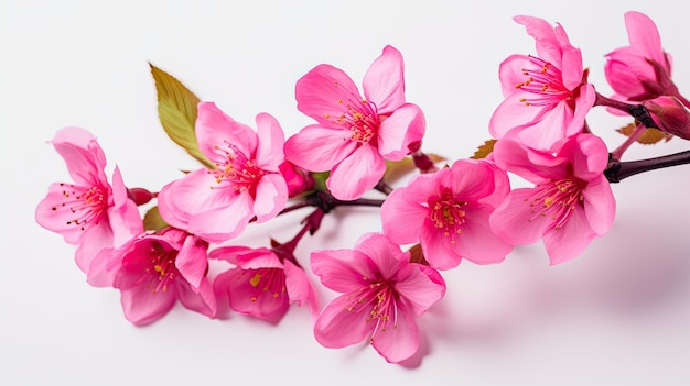 Un montón de flores de cerezo rosas sobre un fondo blanco.