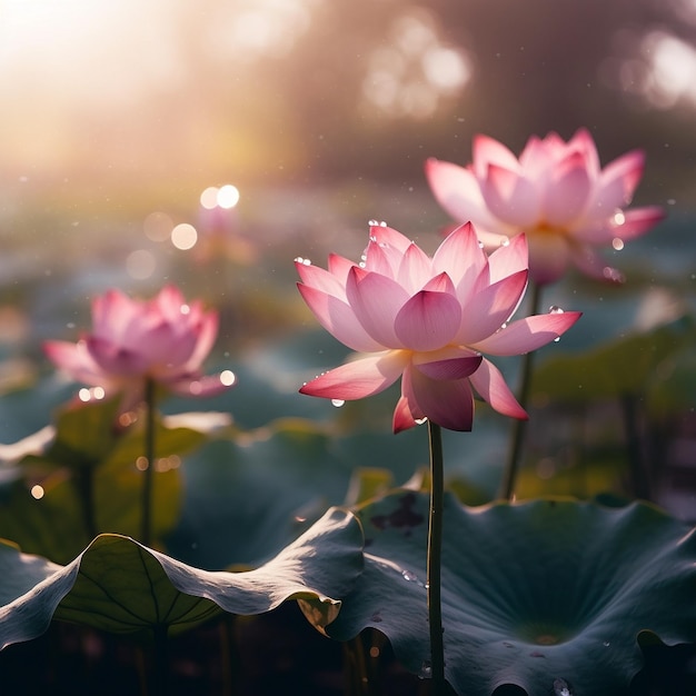 un montón de flores de loto en flor rosa
