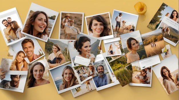 un montón de fotos de personas sobre un fondo amarillo con un fondo amarillo