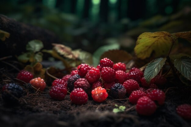 Un montón de frambuesas y moras están en el suelo en la oscuridad.