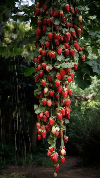 Foto un montón de fresas colgando de una vid