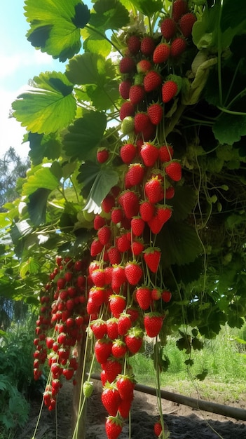 Un montón de fresas colgando de una vid