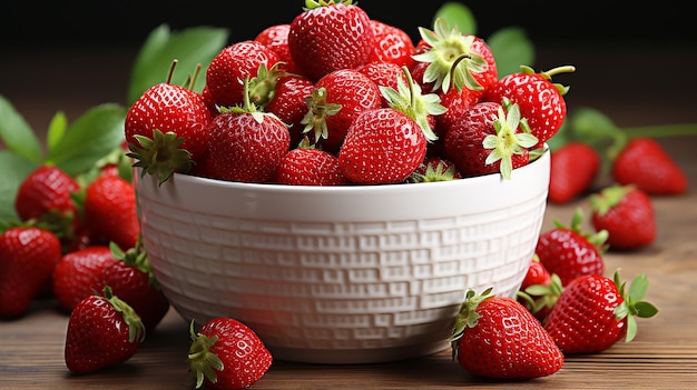 Un montón de fresas en un cuenco de cerámica sobre un fondo de madera blanca rústica