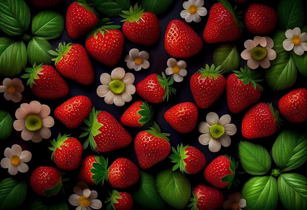 Un montón de fresas están sobre un fondo oscuro