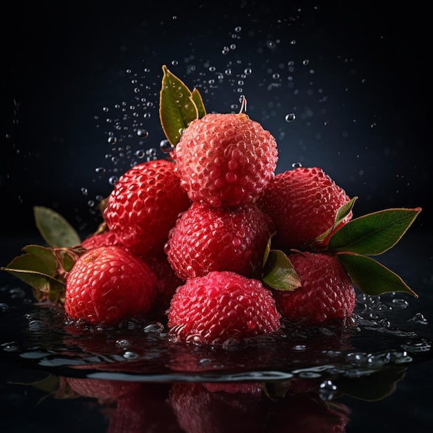 Un montón de fresas con hojas verdes y gotas de agua.