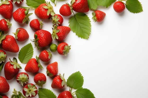 Un montón de fresas maduras en el fondo centrado en un pedazo de papel blanco para la textura de texto generativa de IA