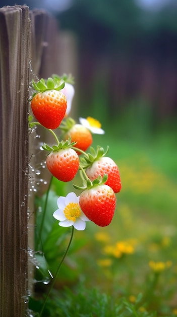 Un montón de fresas en una valla con un fondo verde