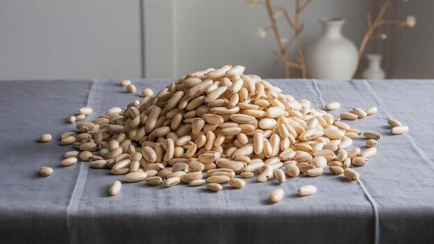 Foto un montón de frijoles blancos crudos en un mantel gris