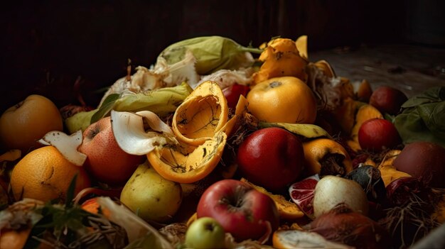 Un montón de fruta está rodeado de basura y un montón de fruta.