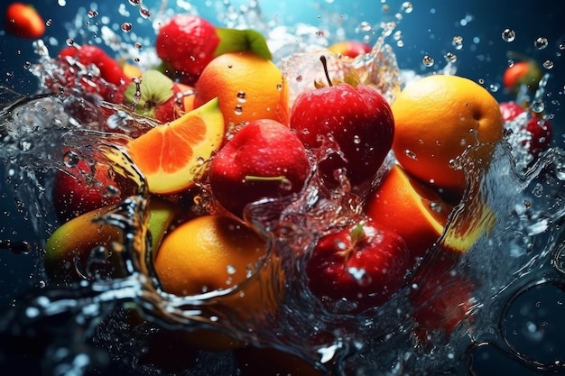 Un montón de fruta se está salpicando en el agua.