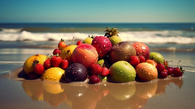 Un montón de fruta en la playa