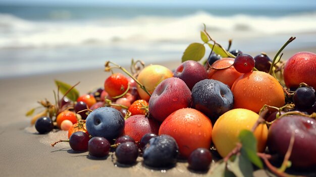 Un montón de fruta en una playa.