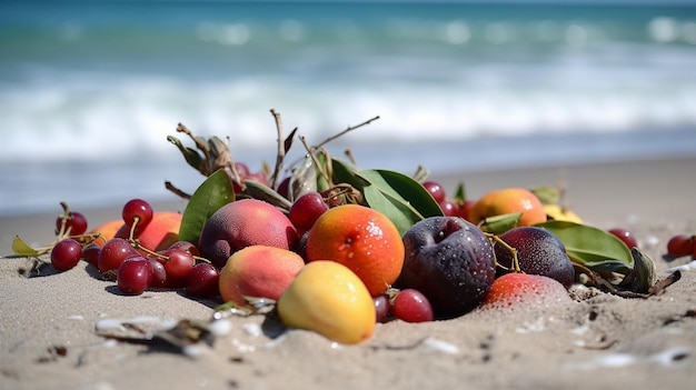 Un montón de fruta en una playa.