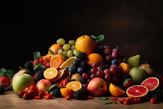 Un montón de fruta sobre una mesa con una de las frutas encima.